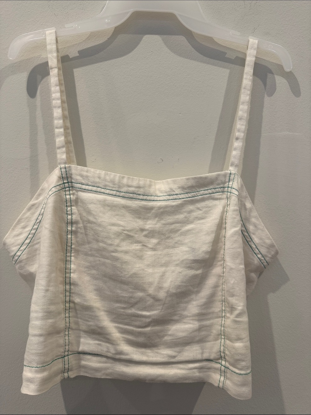 Anthropologie Cream Linen-Blend Square Neck Cami with Teal Topstitching